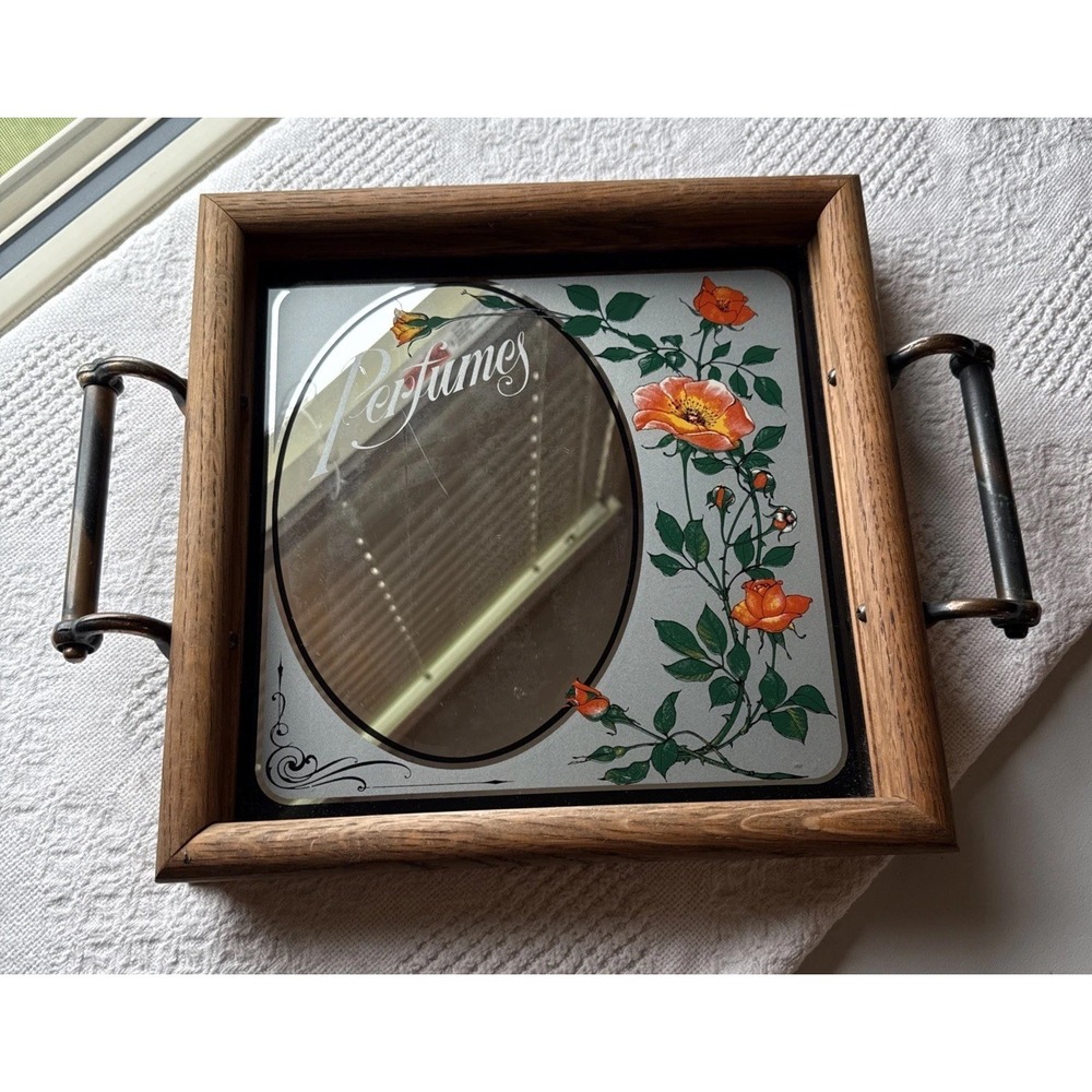 Vintage Hensley Company Perfumes Roses Mirror Tray with Handles Wood Frame - Picture 2 of 10